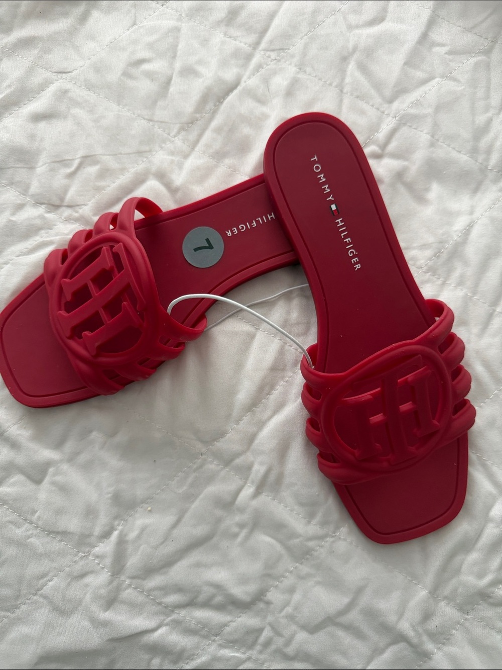 Tommy Hilfiger Women's Red Logo Cutout Slide Sandals